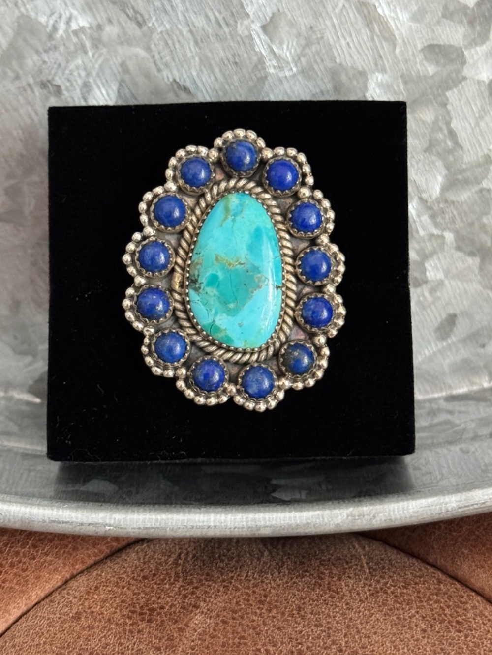 Turquoise & Lapis Navajo Style Statement Ring NWOT